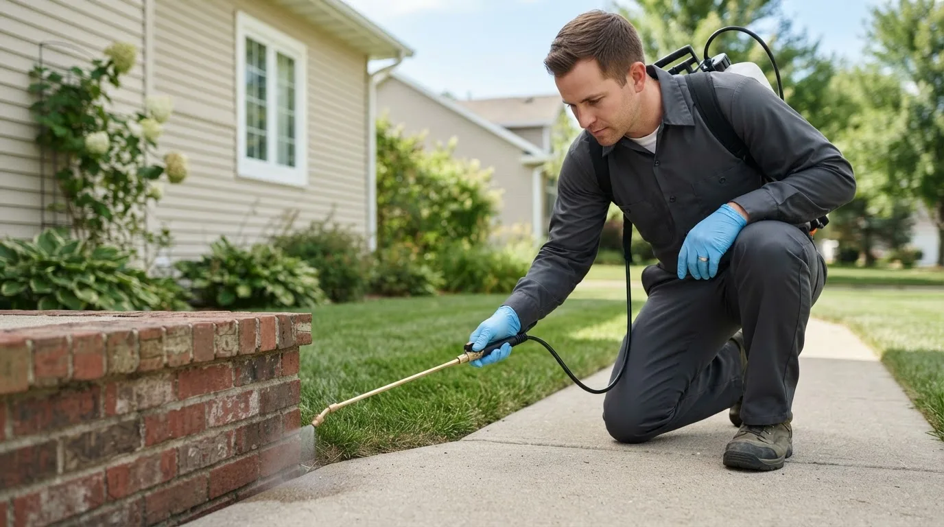 Pest control technician treating a home near Wheaton, MN